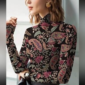 NWOT Vibrant Long Sleeve Mock Neck Top in Paisley Print